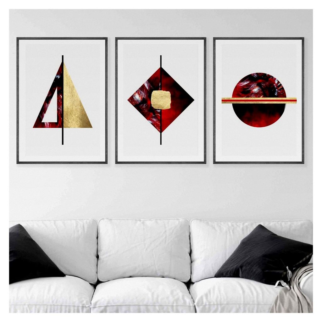 Wandkunstdrucke mit grafischen Formen, 3-teiliges Set, A2, Rot/Schwarz/Gold