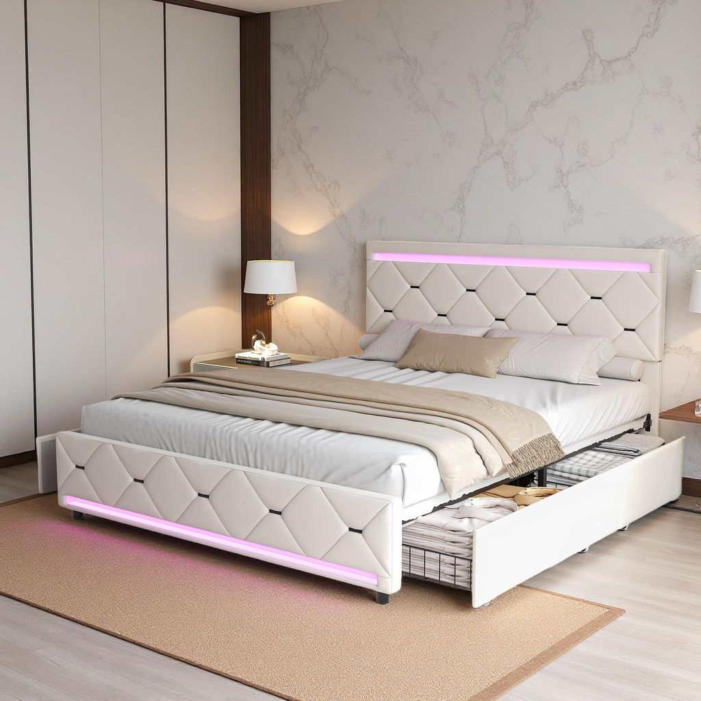 UnboxG Polsterbett 140x200 cm Beige Samt mit 4 Schubladen, LED-Bettbeleuchtung & USB-Ladefunktion, Stauraumbett