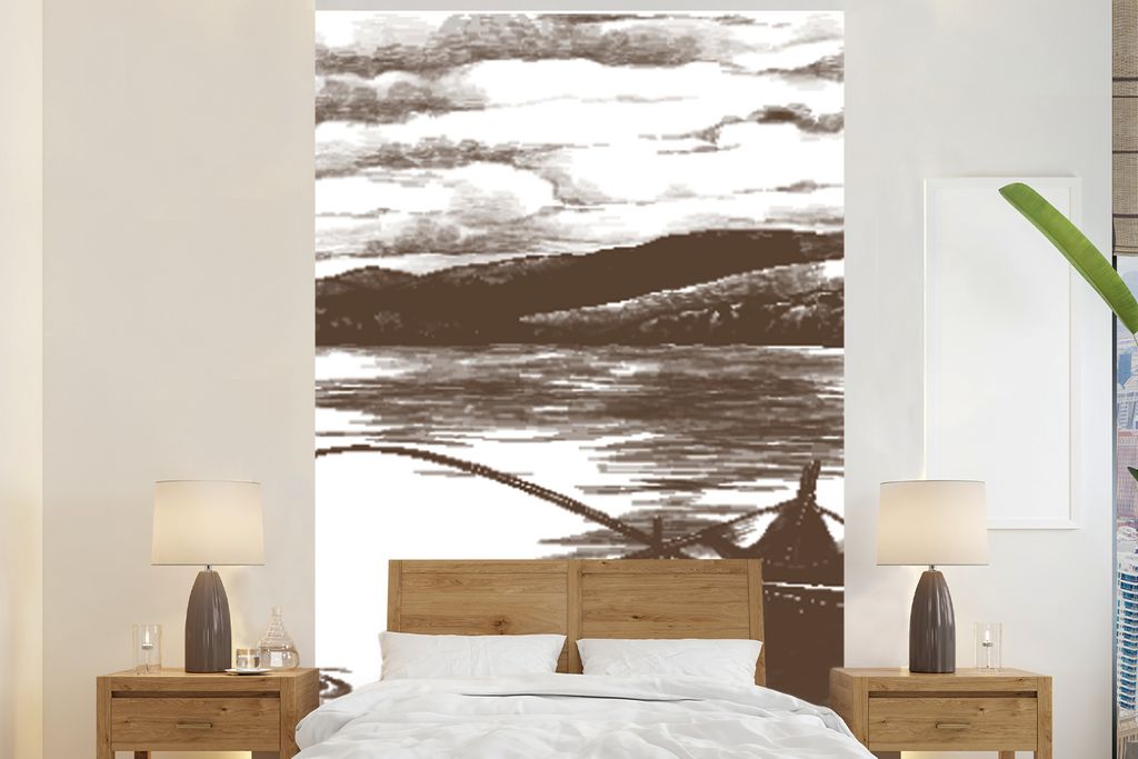 MuchoWow Fototapete für Wohnzimmer oder Schlafzimmer Wandtapete Vinyl Motivtapete Boot - Meer - Angelrute - 160x240 cm - Vinyltapete