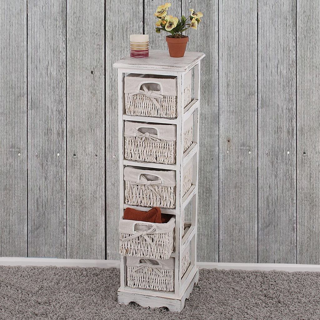 Regal Kommode mit 5 Korbschubladen 90x25x28cm, Shabby-Look, Vintage weiß
