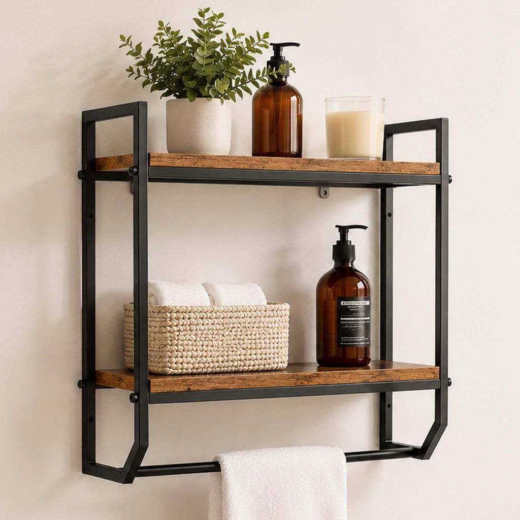 Relaxdays Wandplank, 2 planken, handdoekhouder, metaal & Productafbeelding 