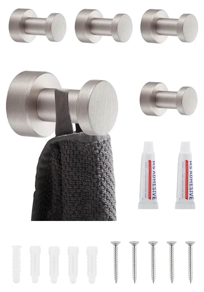 Crochets muraux sans perçage ou à visser, inox nickel brossé lot de 5