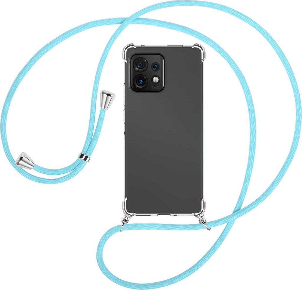 Handykette Backcover-Schutzhülle mit Band (Metall silberfarben) für Motorola Edge 40 Pro (Moto X40) - himmelblau