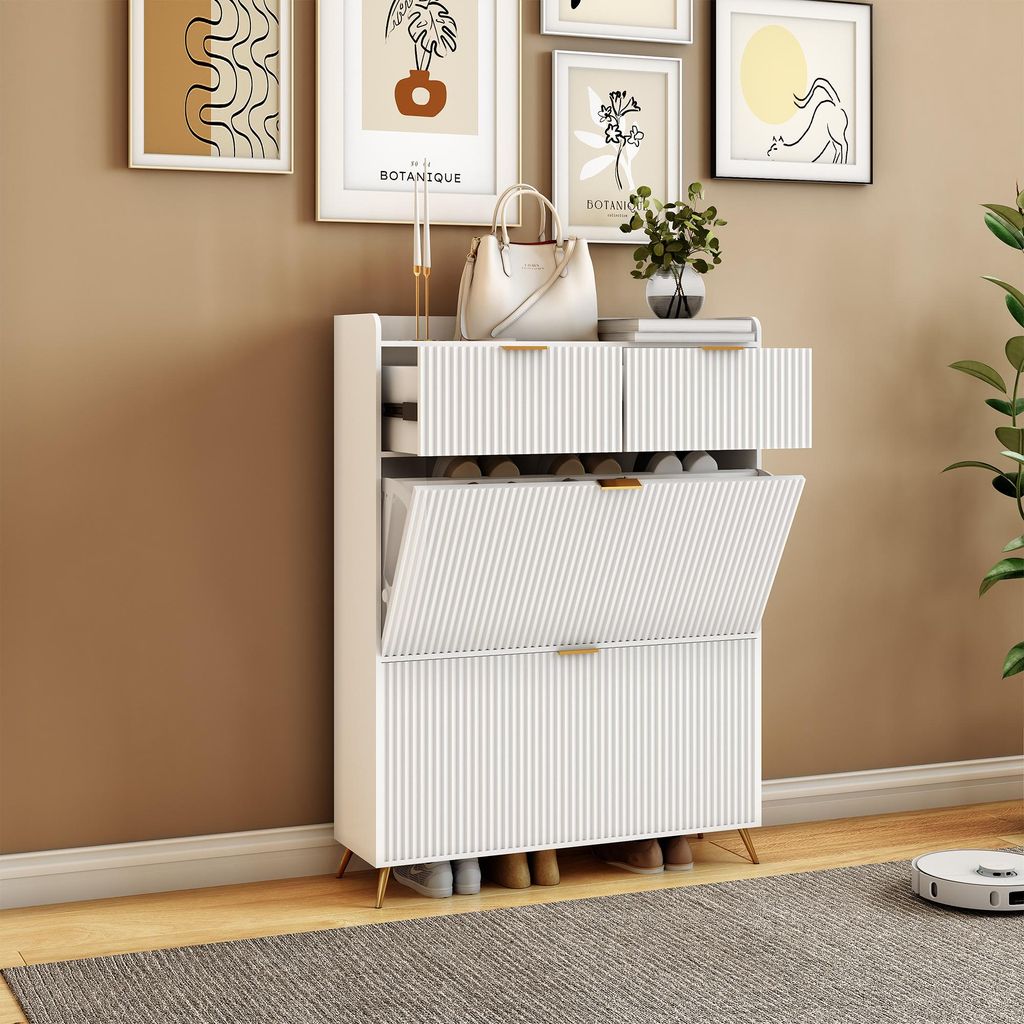 Schuhaufbewahrungsschrank mit 2 Klappschubladen, schmaler Schuhschrank für den Eingangsbereich, Schuhorganisator mit 2 schubladen und Metallbeinen...