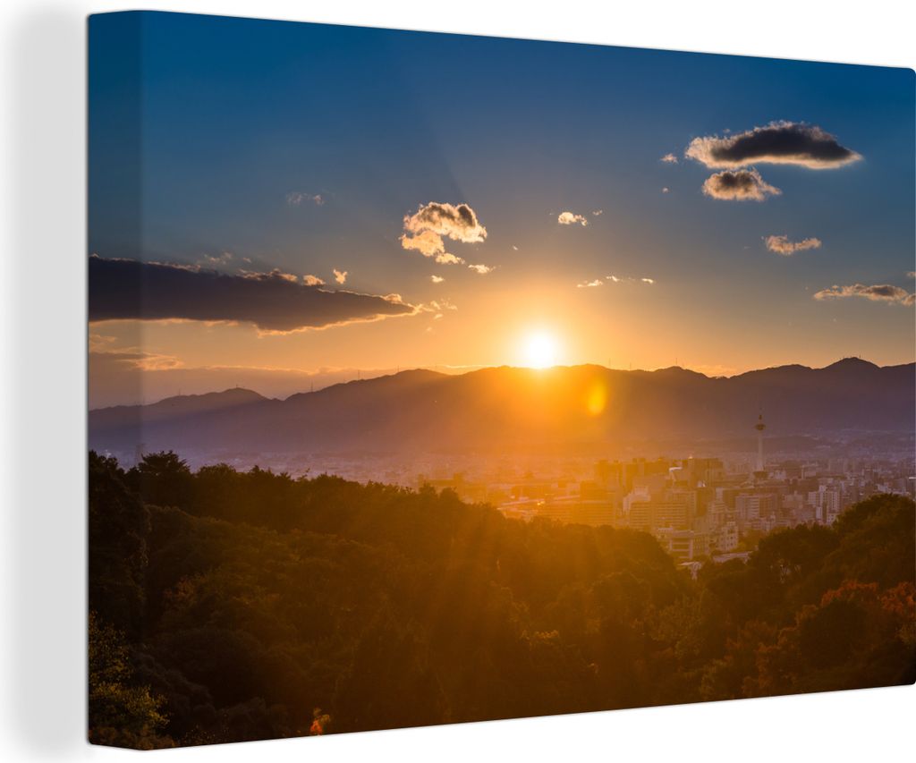 OneMillionCanvasses - Leinwandbilder - 140x90 cm, Die Sonne verschwindet hinter den Bergen in Kyoto, Japan, Wandbilder Kunstdruck Wanddekoration ...