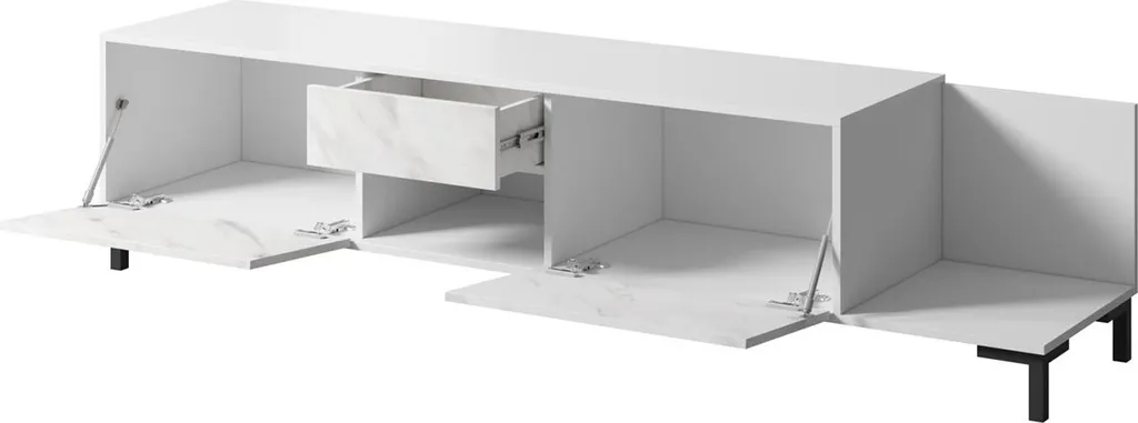 Grand Banc TV Blanc et Marbre 195cm Design Moderne avec Rangement Salon