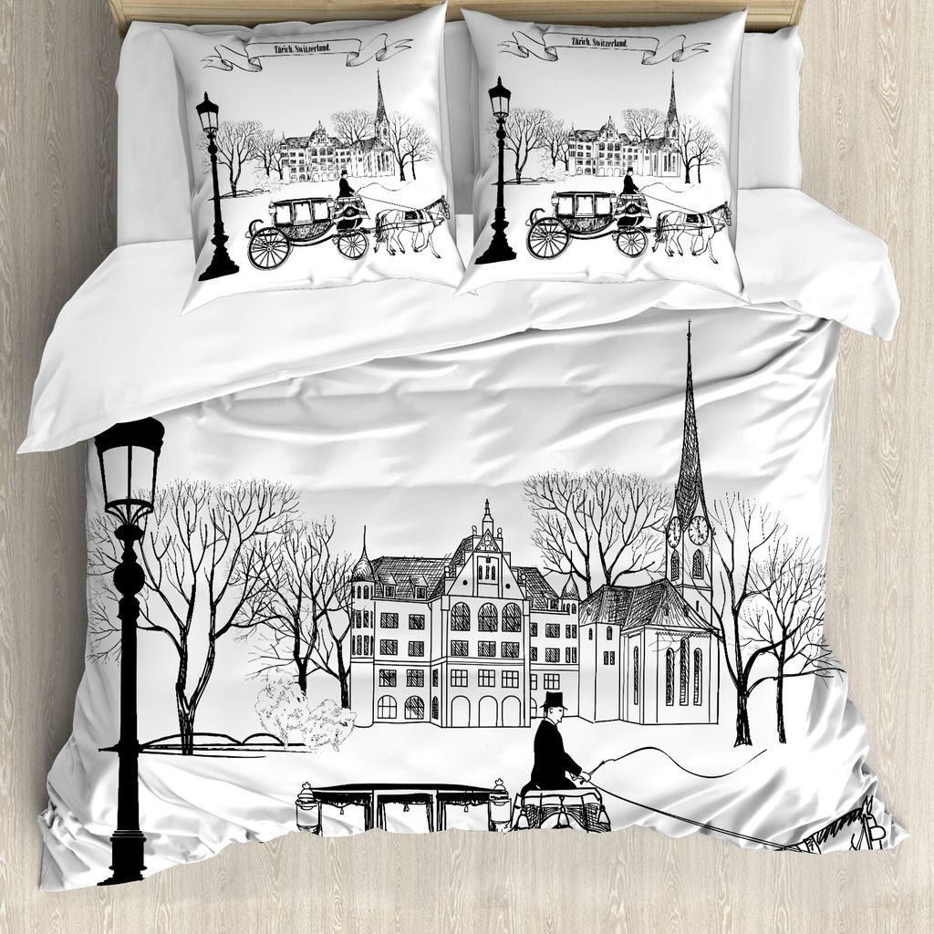ABAKUHAUS Skizzenhaft Bettbezug, Straße in Zürich Retro, Milbensicher Allergiker geeignet mit Kissenbezügen, 155 cm x 220 cm - 80 x 80 cm, Schwa...
