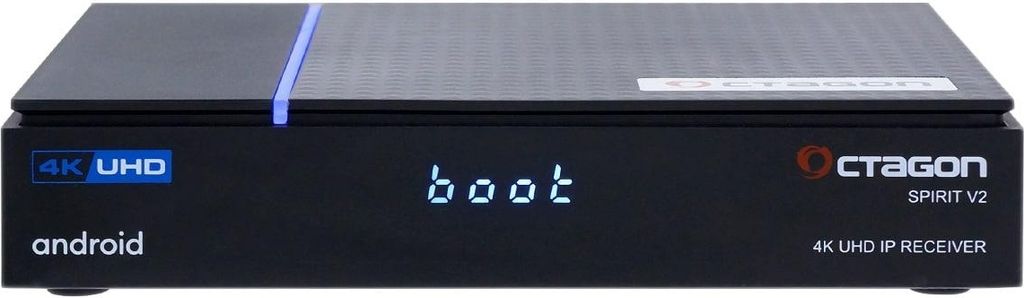 A black media streaming box with a blue light strip on top.