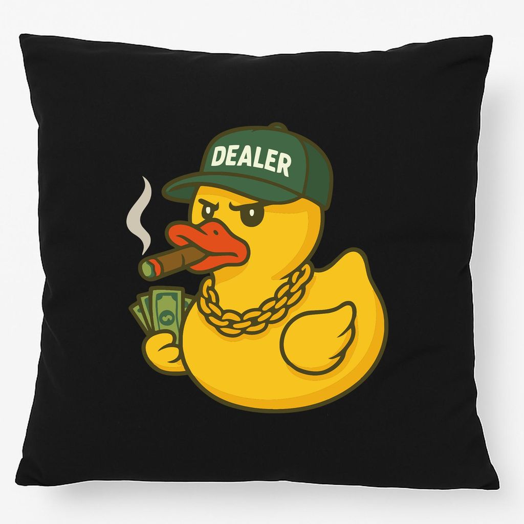 Huuraa Kissen Quietscheente Dealer Gummiente Händler 40x40cm mit Füllung Black Baumwolle Dekokissen Geschenkidee