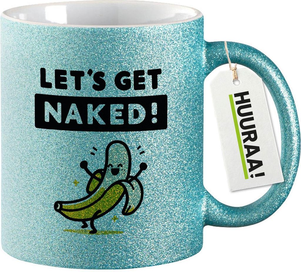 Huuraa Glitzertasse Let ́s get naked Banane 330ml Blau Keramik Kaffeebecher Geschenkidee