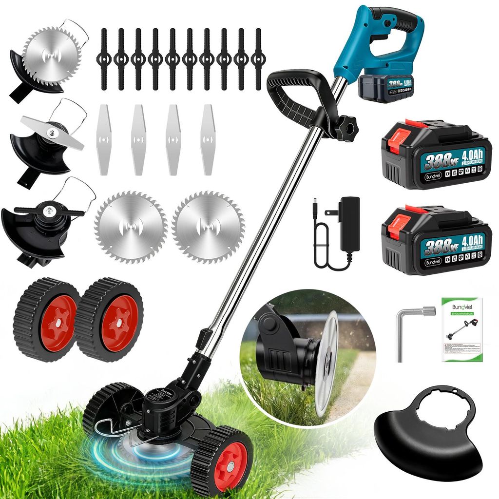 1200W Akku Rasentrimmer mit 2× 4000mAh Akku 21V, Bürstenloser Motor Rasentrimmer Freischneider mit Akkus & Ladegerät