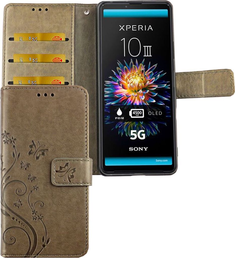 Sony Xperia 10 III Tasche Handy Hülle Schutz-Cover Flip-Case mit Kartenfach, Farbe:Blumen Grau