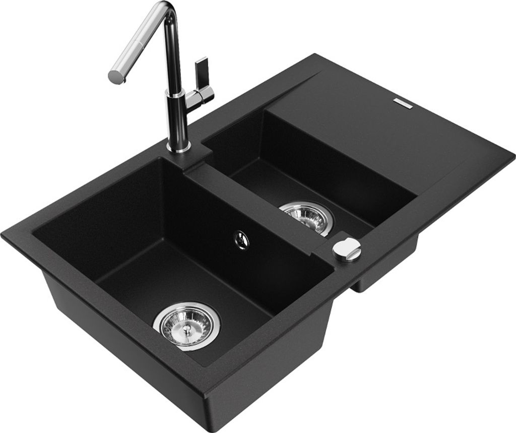 Mexen Gaspar 1,5-Becken-Granitspüle mit Abtropffläche und Mischbatterie Flora, Schwarz - 6507-77-670401-00