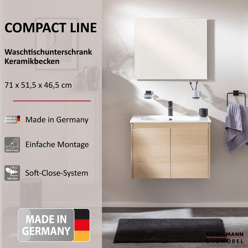 FACKELMANN COMPACT LINE Waschbecken mit Unterschrank 71 cm breit, Braun hell, Waschbecken Keramik Weiß, mit 2 Türen