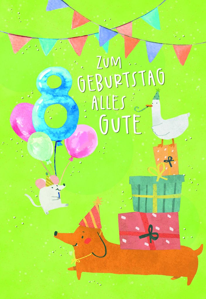 Zahlengeburtstag 8 Jahre - Karte - Hund, Gans und Maus mit Geschenken