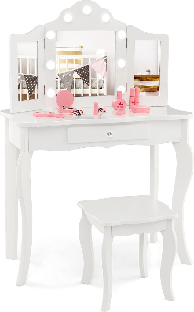 A white children's vanity table with a stool and toy makeup accessories.