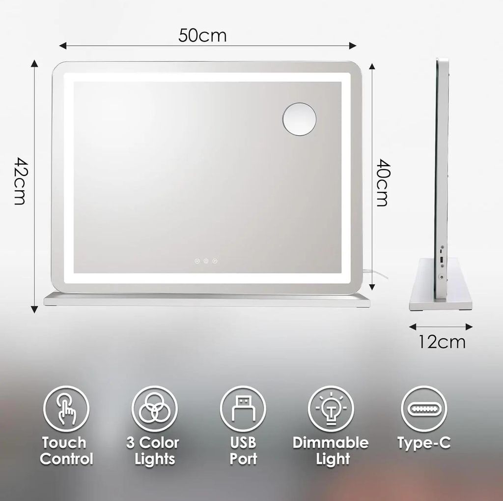 Schminkspiegel - Hollywood mit Beleuchtung - 50 x 40 cm - 3 Farbtemperaturen - USB & USB‐C - 10x Vergrößerungsspiegel - Edelstahl - Gelb