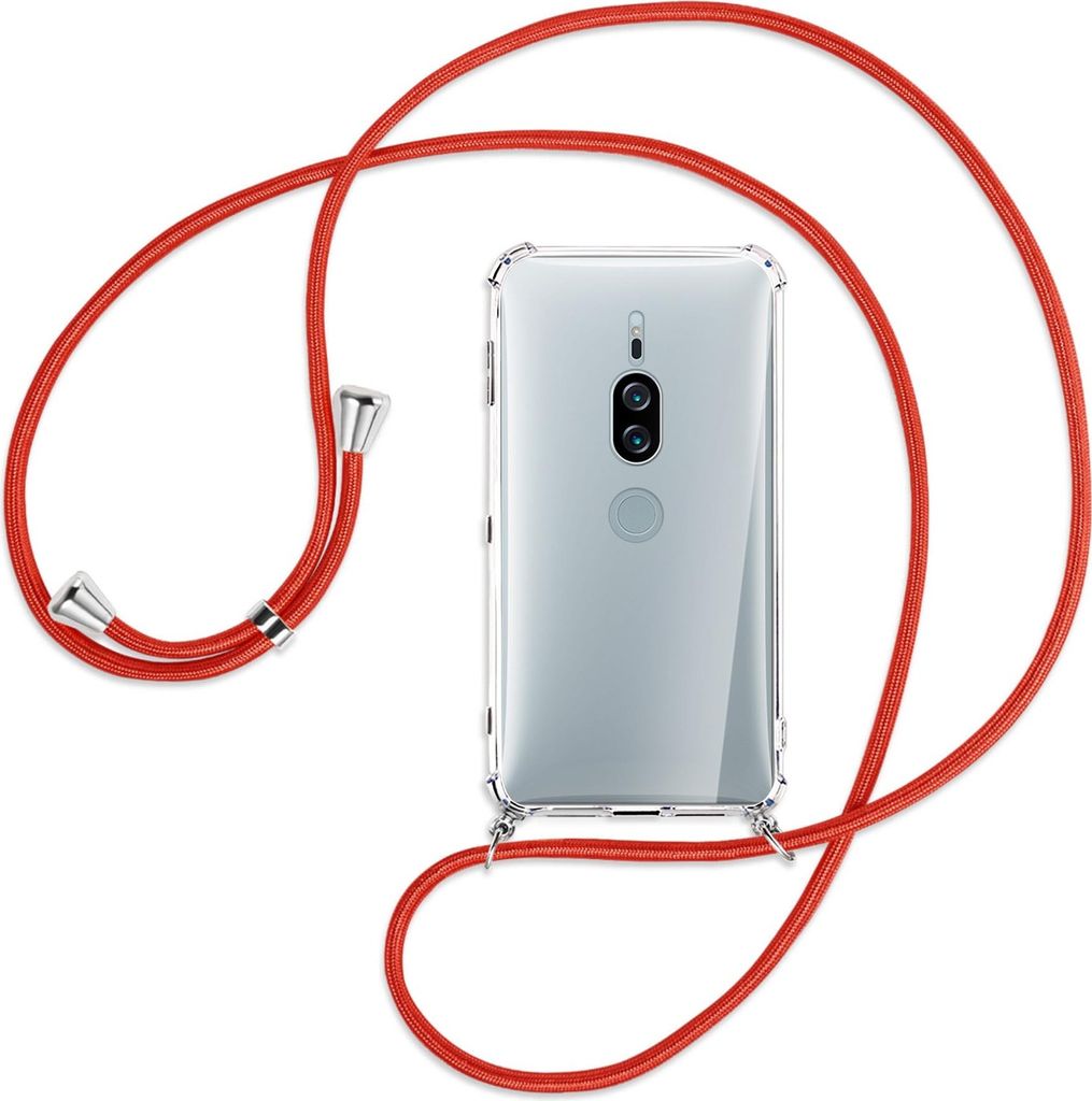 Handykette Backcover-Schutzhülle mit Band (Metall silberfarben) für Sony Xperia XZ2 Premium - rot