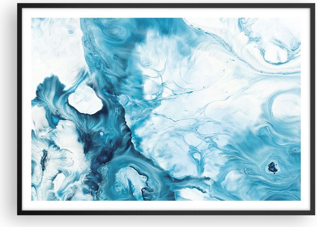Gerahmtes Poster - Schwarzer Rahmen - Abstraktion Flüssigkeit hellblau - 100x70 cm - Wand Bild - Wanddeko - Wandbilder - Wandposter - Bilderrahmen...