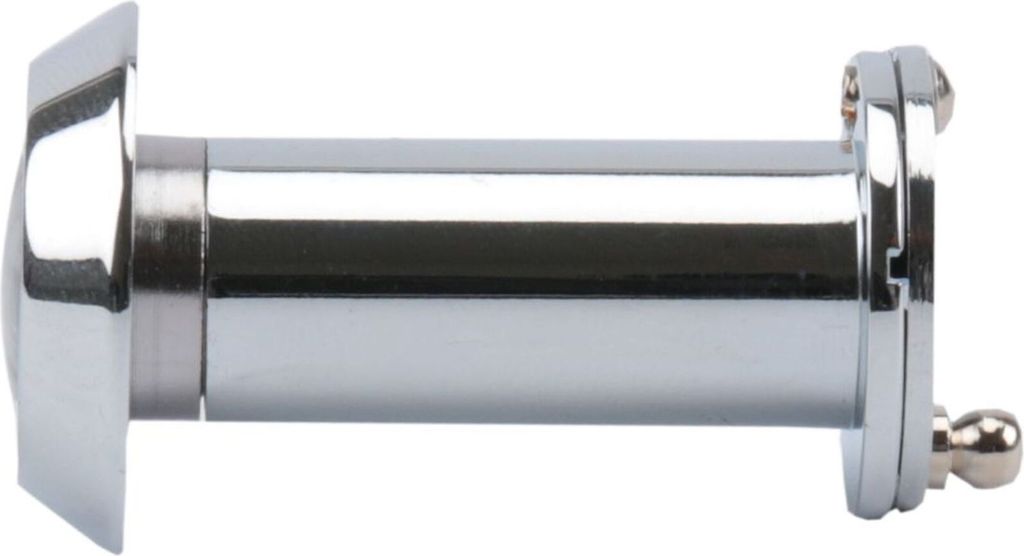 A side view of a chrome door viewer on a white background.