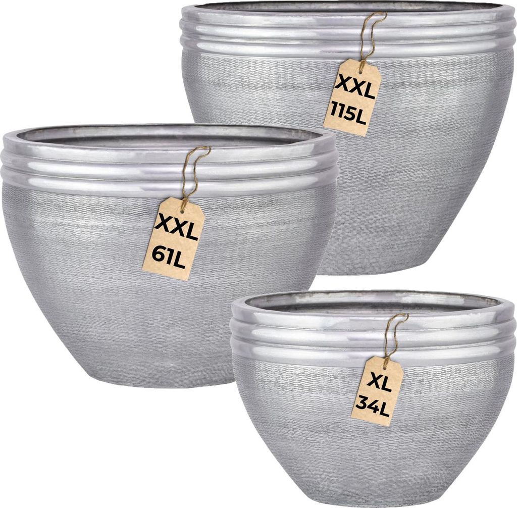 Marrakesch 3er Set XXL Aluminium Blumenkübel Übertopf Ø 38, 47 und 57 cm Silber Matt | Pflanzentopf Pflanzkübel groß für Outdoor Indoor | Blu...