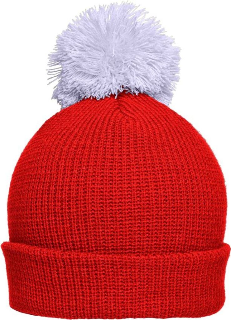 Strickmütze mit Umschlag und Pompon tomato/silver, Gr. one size