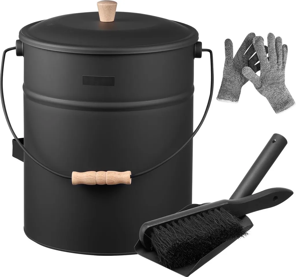 Seau à cendres 15L avec couvercle et kit de 4 accessoires en métal noir