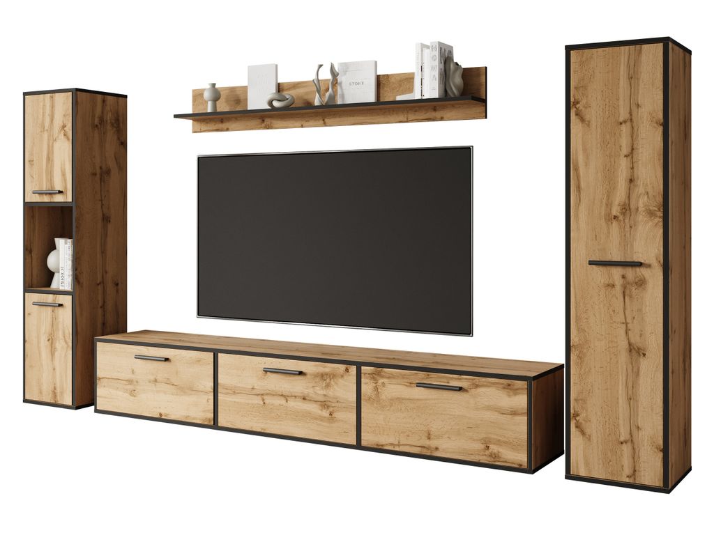 MIRJAN24 Wohnwand Bogota XL, Wohnzimmer-Set, 2x Hochschrank, TV-Lowboard, Wandregal (Farbe: Wotan Eiche / Wotan Eiche + Schwarzer Graphit)