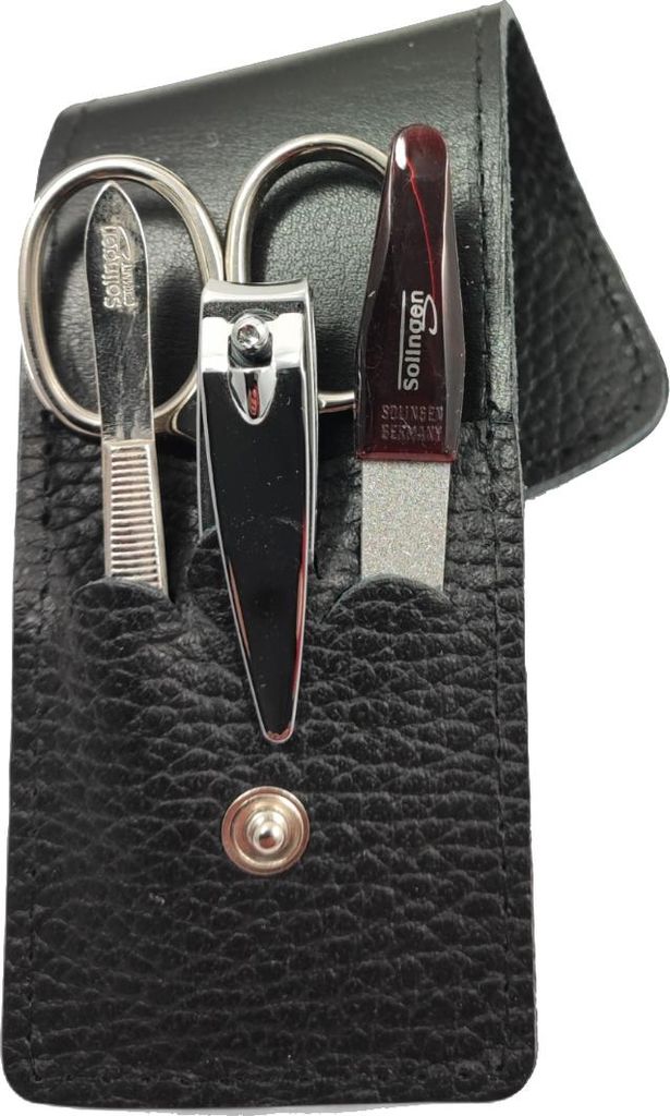 4-teiliges Solingen* Maniküre Set mit Leder COCCO Etui, Nagelschere, Feile, Pinzette, Germany