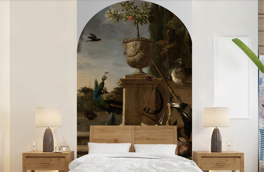 MuchoWow Fototapete für Wohnzimmer oder Schlafzimmer Wandtapete Vinyl Motivtapete Jagdstiefel auf einer Plattform - Gemälde von Melchior d'Hond...