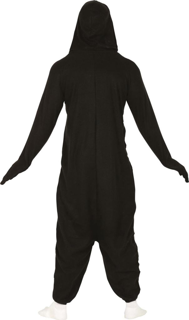 A person wearing a black hooded onesie, viewed from the back.