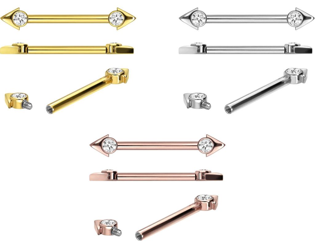 Brustwarzenpiercing, Zungenpiercing, Intim-Piercing Titan Nippelpiercing mit Innengewinde PFEILSPITZE + KRISTALL