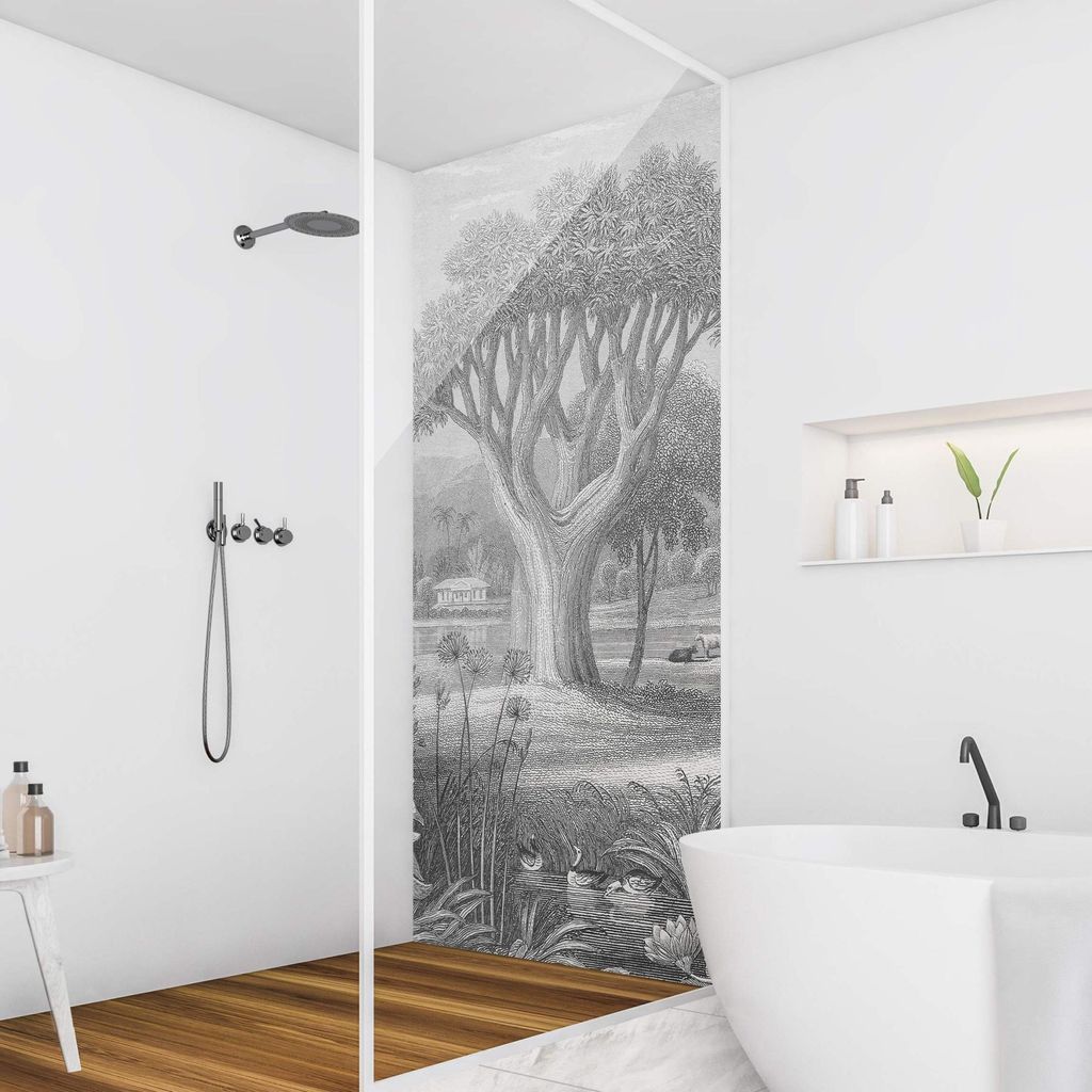 Duschrückwand Wald selbstklebend - 0.35 mm Wandpaneel wasserfest Pflanzen grau Tropisch Badrückwand fugenlos Smart matt 100x190 cm