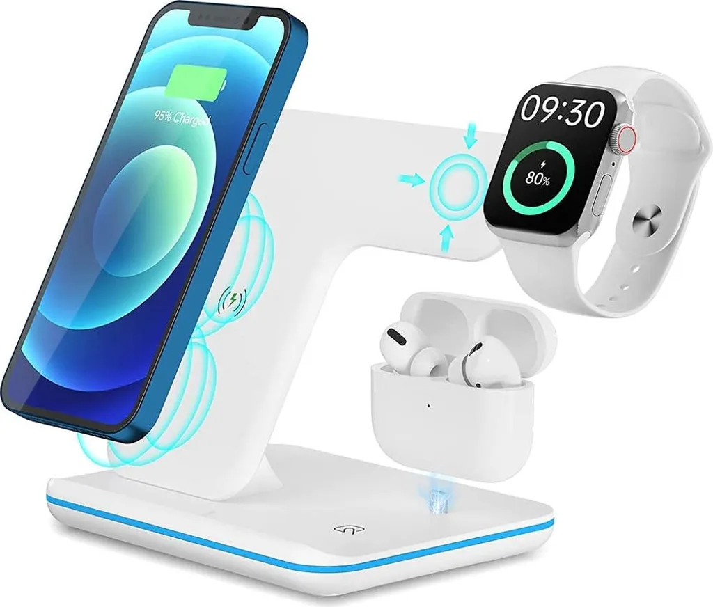 Station de recharge sans fil 3-en-1 QC 15W Blanc pour iPhone et AirPods
