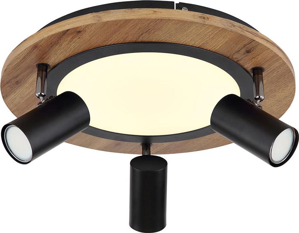 LED Deckenleuchte, Holz, 3 Stufen, Spots beweglich, D 40 cm