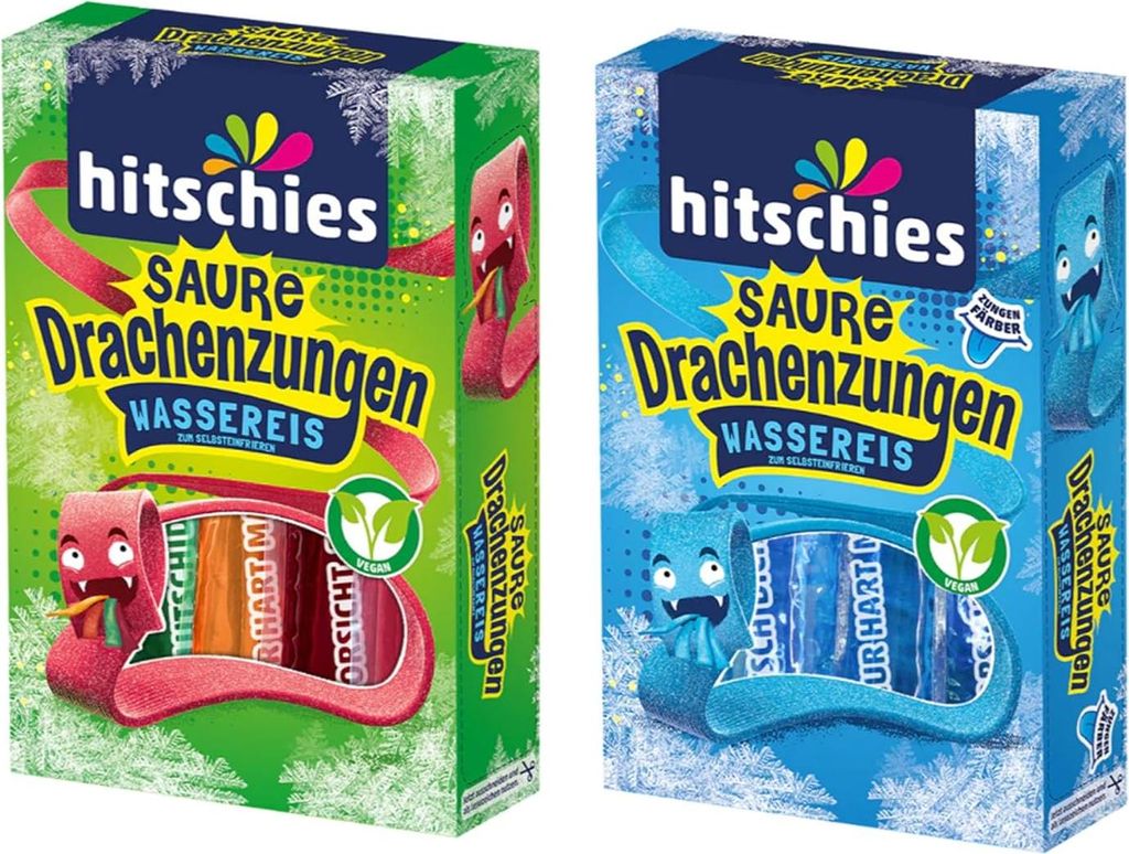 Saure Drachenzungen Wassereis Set – 1x Klassisch + 1x Blau – 2x 400ml – Fruchtig, frech & extra sauer –+Heartforcards Versandschutz