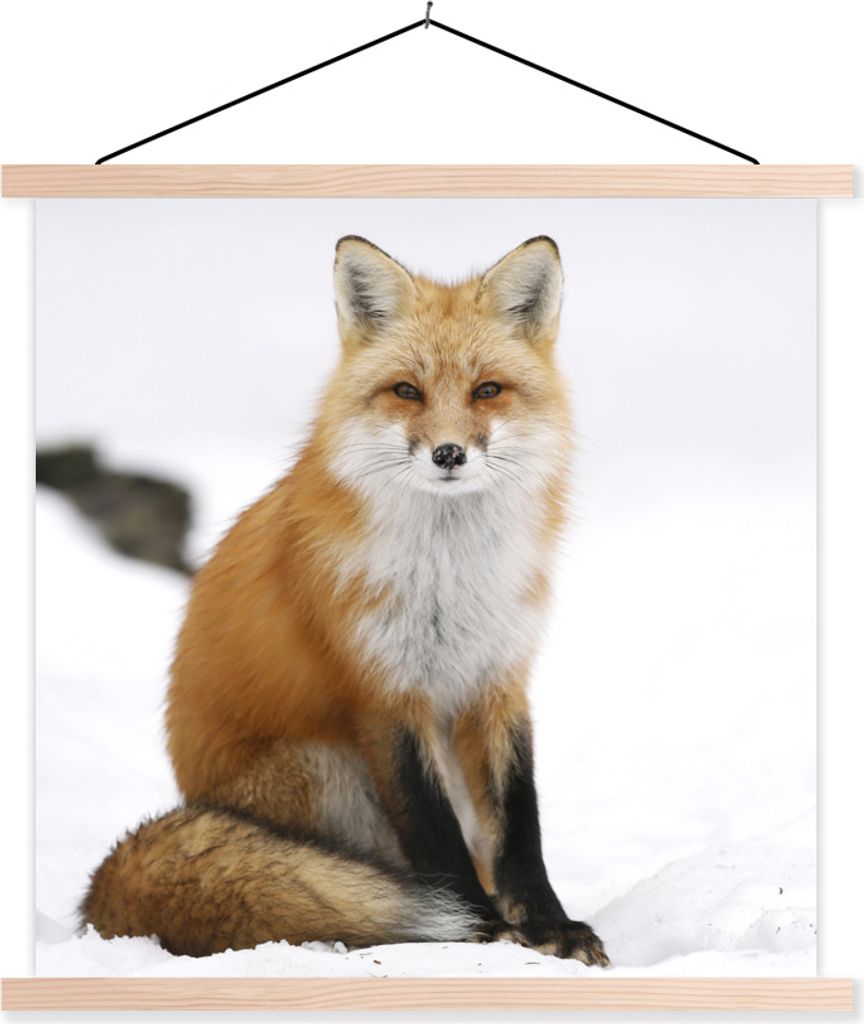 MuchoWow Textilposter Fuchs - Schnee - Winter 120x120 cm mit holzfarbenen Rahmen - Textil-Poster