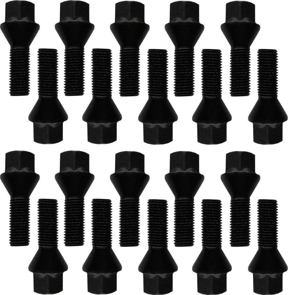 20x Radschraube M12x1,25 Kegelbund 60° schwarz 22 mm | Schlüsselweite 17 mm