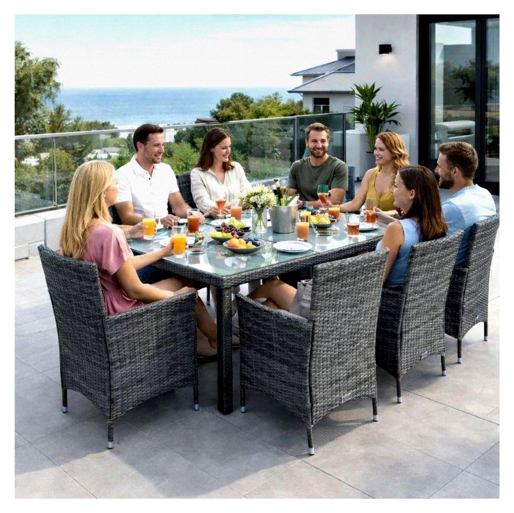 Sitzgruppe aus Polyrattan für 8 Personen mit Gartenmöbeln, Essgruppe, Stühlen, Tisch, Hockern und Kissen (Anthrazit-Grau)