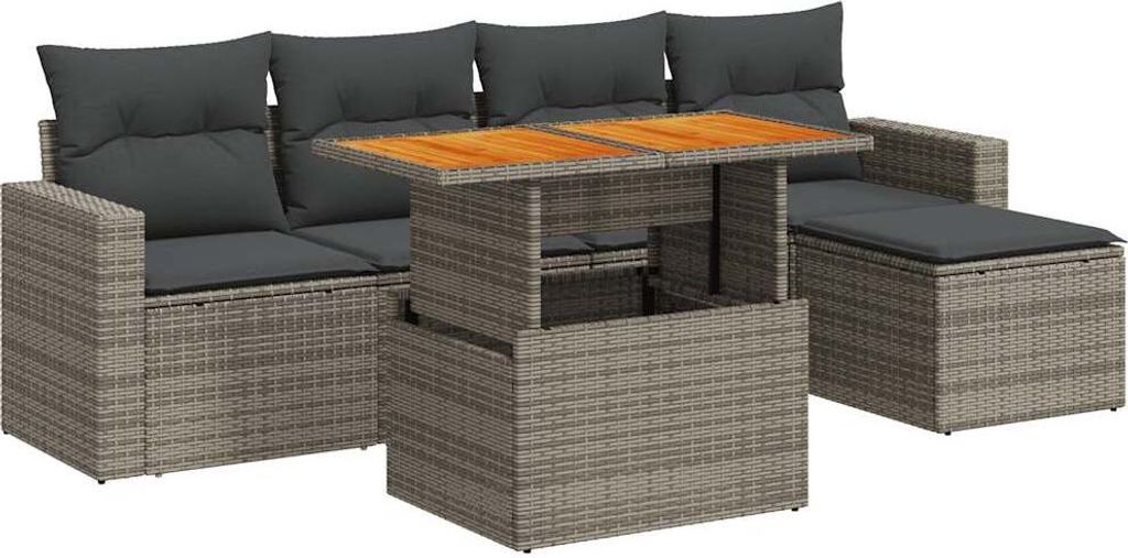 vidaXL 6-tlg. Garten-Sofagarnitur mit Kissen Grau Poly Rattan