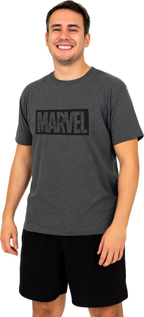 Marvel Schlafanzug für Herren - Pyjama Set Männer Kurzarm Oberteil mit Shorts Hose Grau/Schwarz M