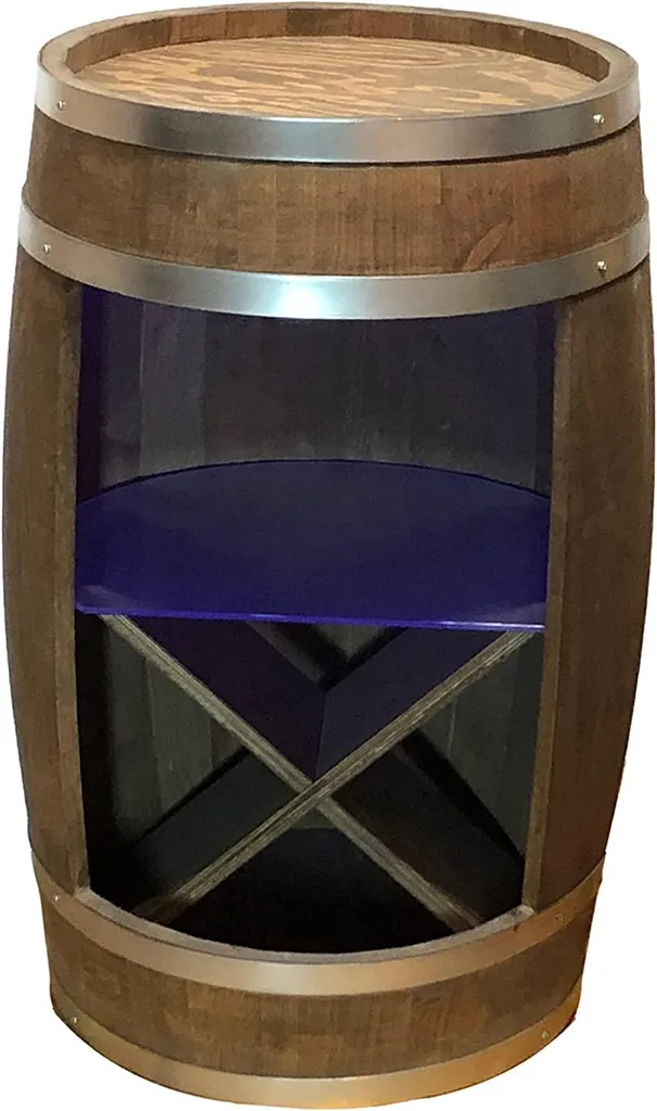 Meuble bar tonneau en bois massif décoratif avec cave à vin LED intégrée