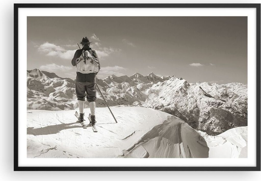 Gerahmtes Poster - Schwarzer Rahmen - Skifahrer Bayern Sepia - 91,5x61 cm - Wand Bild - Wanddeko - Wandbilder - Kunstposter - Wandposter - Bilderra...