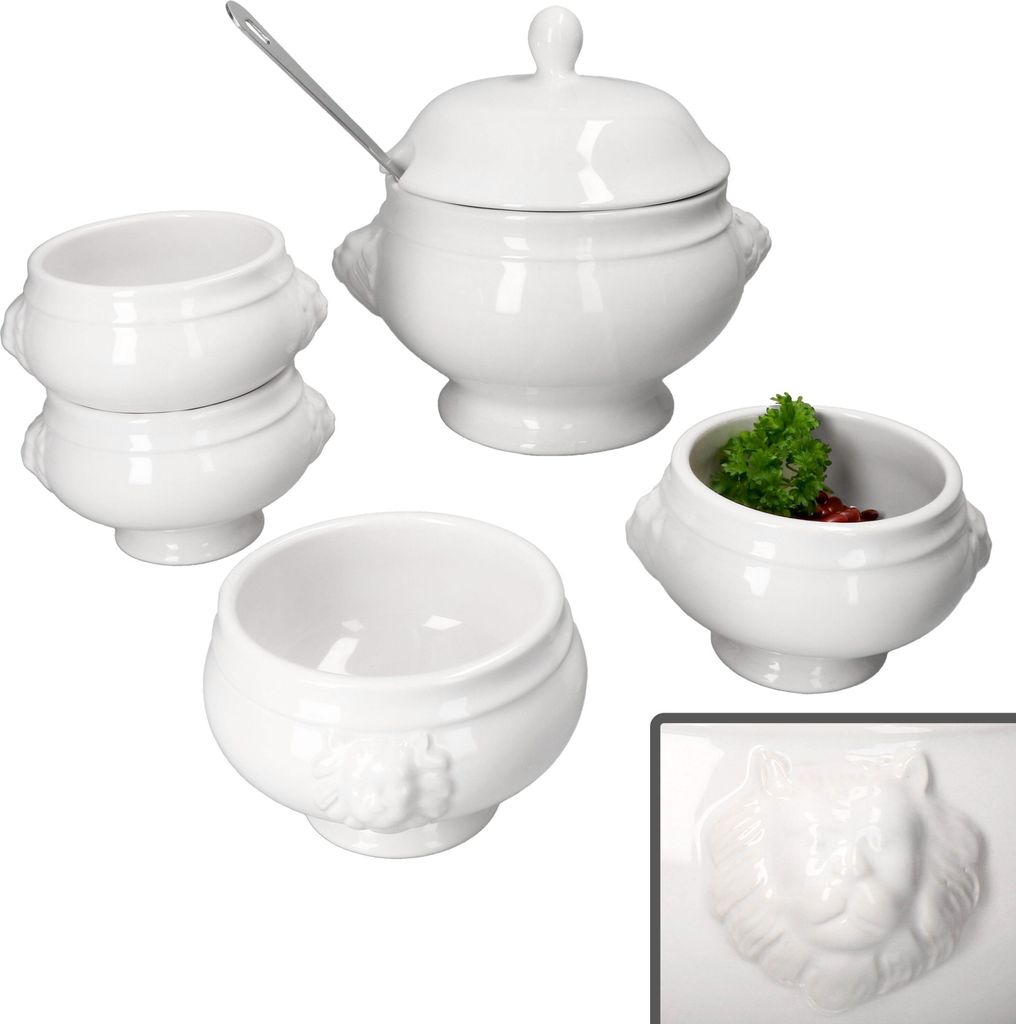 5tlg Set LEO Löwenkopf-Terrine mit & ohne Deckel 2L 0,45L weiß Suppen-Schale