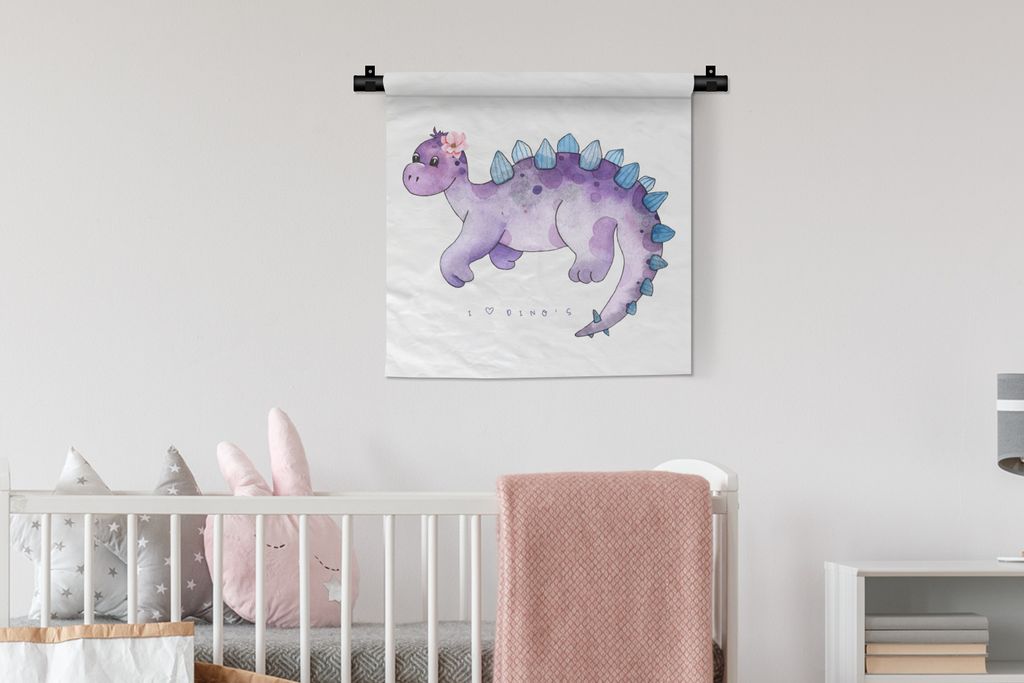 MuchoWow Wandteppich Wandbehang Dinosaurier - Kinderzimmer - Lila - Mädchen - Kinder - Rosa 60x60 cm Tapisserie Dekoration Wandtuch - Dekoration...
