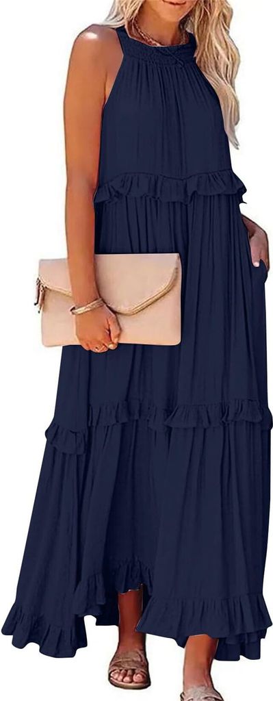 ASKSA Damen Langes Kleid Sommer Big Swing Strandkleid y Kleid Women Cover up Bikini Maxi Beachwear Kleider, Dunkelblau, Groesse: M