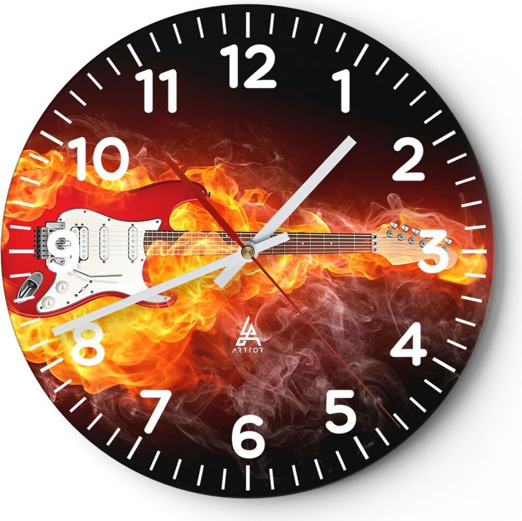 Wanduhr - Rund - Glasuhr - Flammen Gitarre Instrument - 40x40cm - Schleichendes Uhrwerk - Lautlos - zum Aufhängen bereit - Dekoration Modern - Wan...