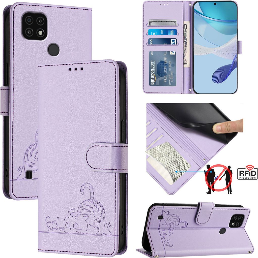 Leder Hülle für Realme C20 / C11 2021 / C21 Süße Katze Flip Case Brieftasche Schutzhülle mit Standfunktion Lila