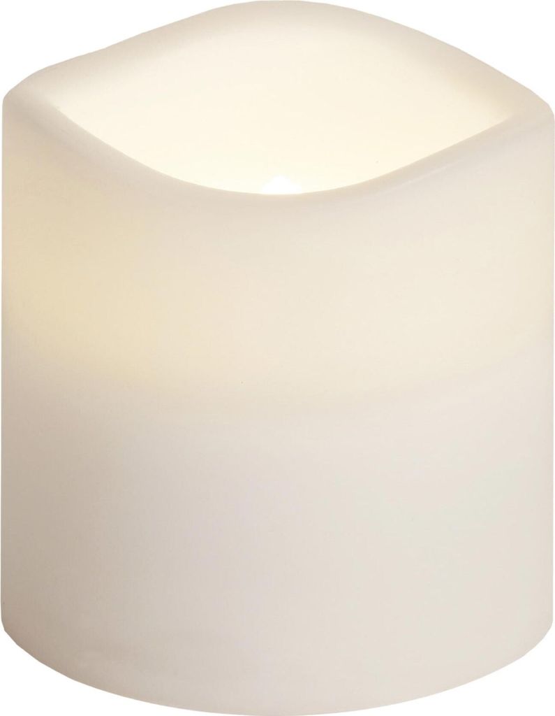 A close-up, studio shot of a white LED candle.