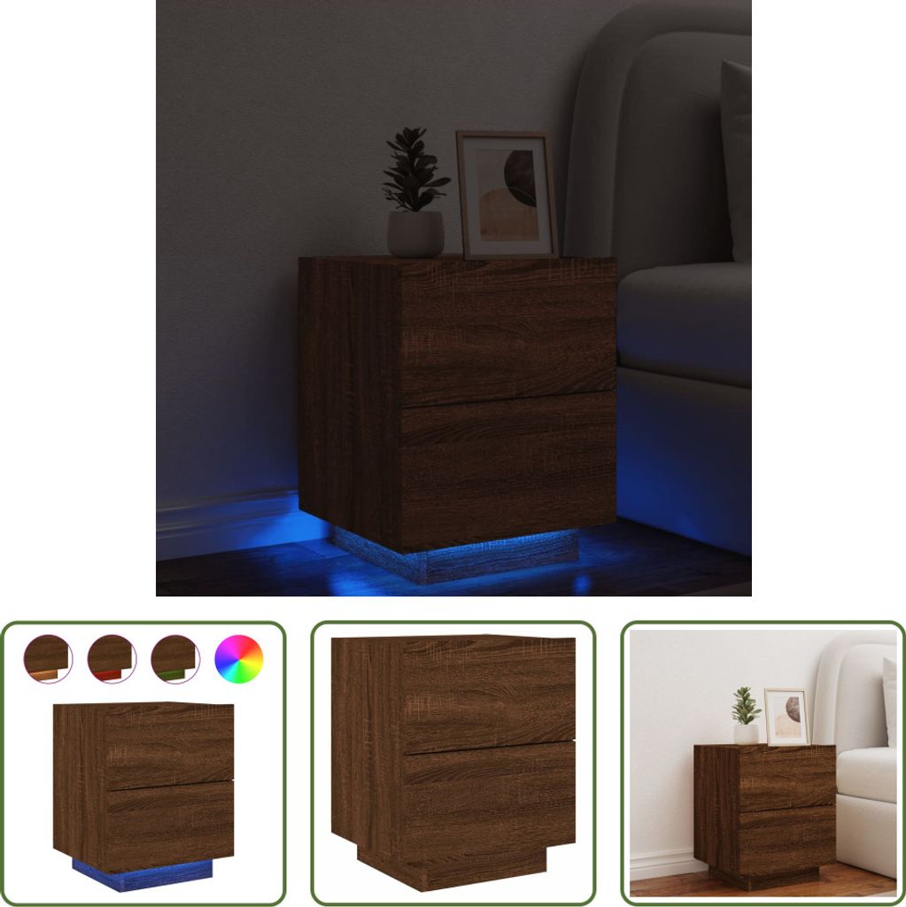 The Living Store Nachttisch mit LED-Leuchten Braun Eichen-Optik Holzwerkstoff